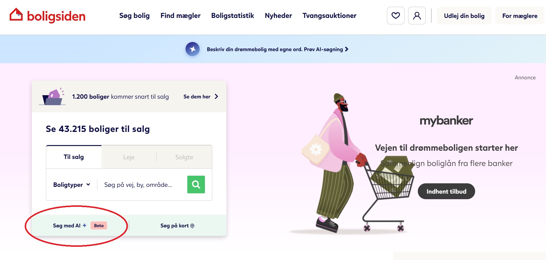 Klik på "Søg med AI" i søgeboksen for at komme direkte til AI-søgning.